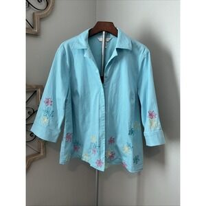 Napa Valley Zip Up Shirt Jacket Women Size 1X Light Turquoise Embroidered Floral